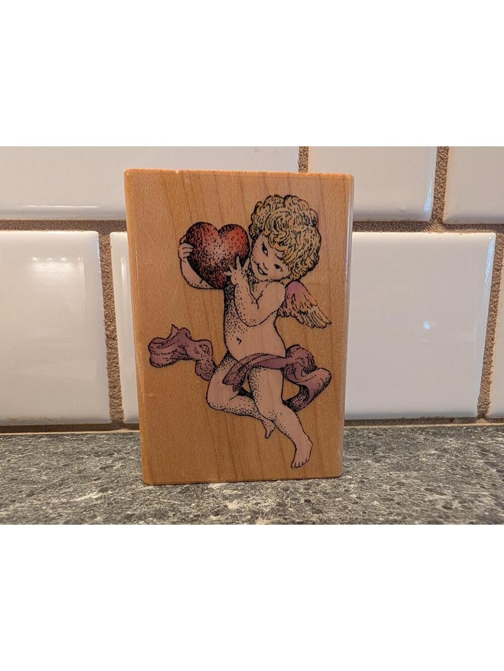 #1852 Angel with Heart Vintage 1995 Comotion Wooden Rubber Stamp - Cherub Baby